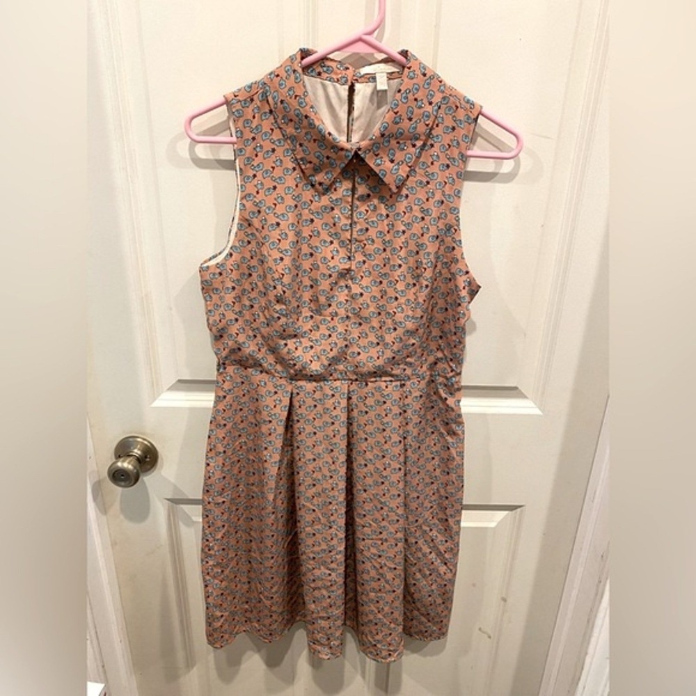 Monteau Women Peach Blue Elephant Print Sleeveless Collar Fit Flare Dress S Mod